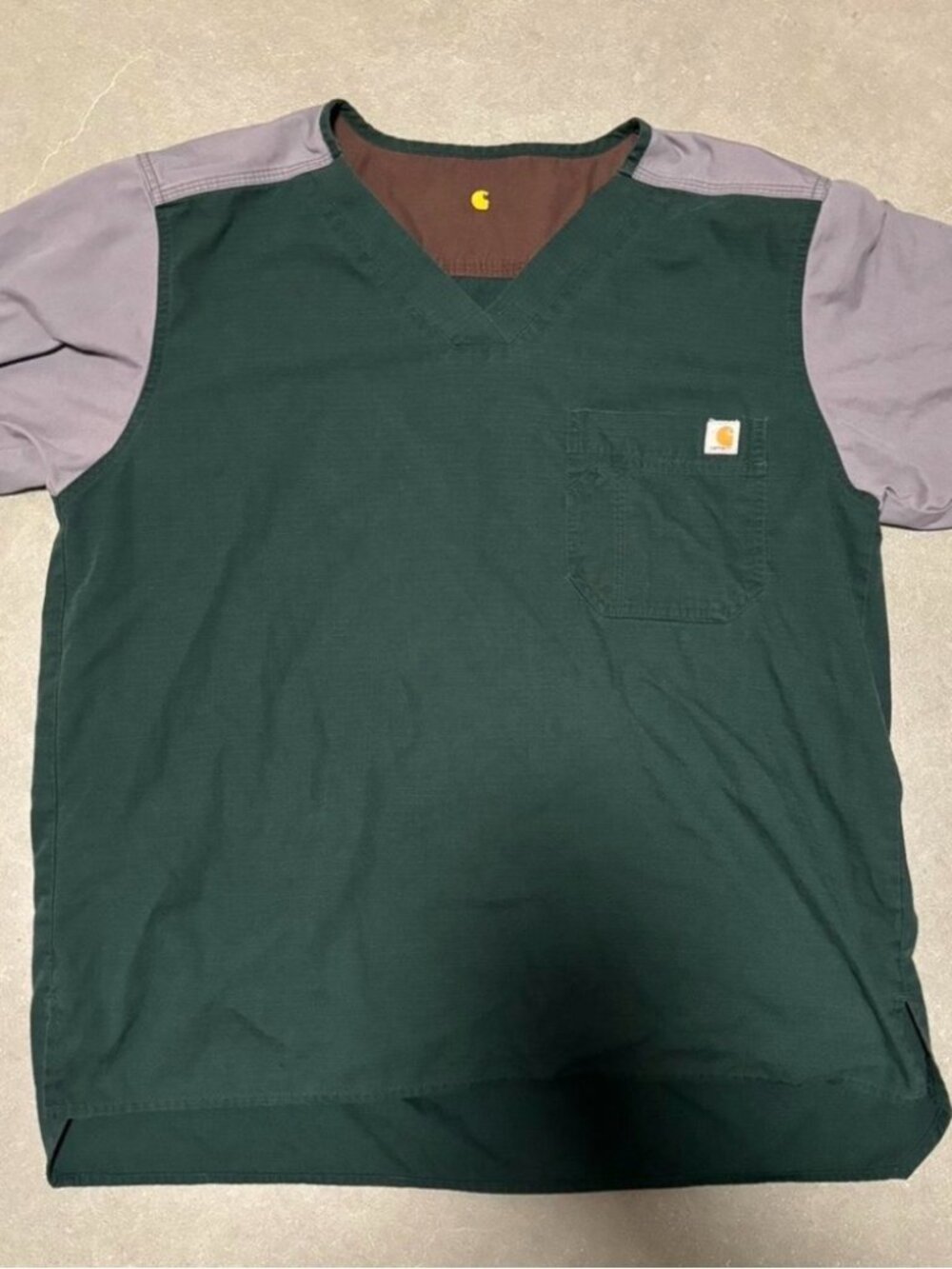 Carhartt V-Neck Pocket Tee Forest Green Gray Sleeves Colorblock Workwear Top